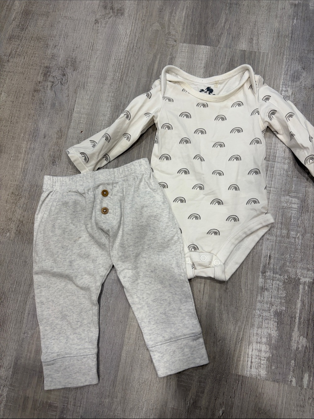Neutral Gray Baby Pants and Cream Rainbow Bodysuit Set - Free with purchase